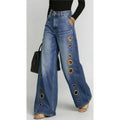 Women's High Waist Wide Leg Jeans Fashion Retro Metal Eyelet Side Hollow Denim Pants Casual Female Streetwear LooseLong Trousers
