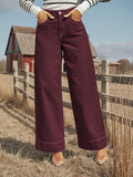 Autumn new women's wine red high waist wide leg jeans stretch fabric button placket jeans soft and comfortable slim washed jeans