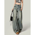 Retro American Spicy Girl High Waist Loose Slim Wide Leg Knife Edge Jeans Women  Autumn New Style Distressed Streetwear