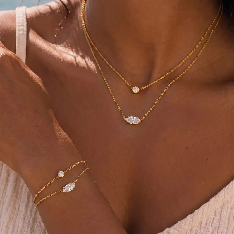 Elegant 18K Gold Plated Stainless Steel Layered Necklace Bracelet for Women Marquise Cut Zircon Double Layer Jewelry Set