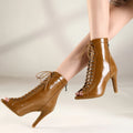 HROYL High Heel Dance Shoes Woman Beige Black Latin Dance Booties Women Open Toe Lace Up Stiletto Boots for Girls Suede Sole