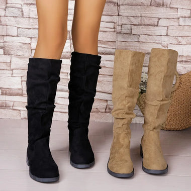 2026 New Winter Women's Classic Solid Color Knee-High Boots Comfortable Suede Slip-On Boots Outdoor Shopping Womens Casual Boots