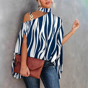 Women Halter Cold Shoulder Blouse Asymmetric Batwing Sleeve Metal Buckle Printed Loose Casual Tunic Top