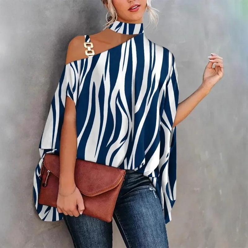 Women Halter Cold Shoulder Blouse Asymmetric Batwing Sleeve Metal Buckle Printed Loose Casual Tunic Top