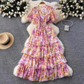 French Retro V-Neck Ruffle Sleeves Pleated Floral Dress For Women 2025 Summer High Waist Slimming Chiffon Long Dress w104