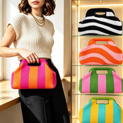 Casual Polyester Knitted Handbag Stripe Pattern Large Capacity Cosmetic Pouch Soft Texture Tote Bag Daily Carry