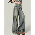 Retro American Spicy Girl High Waist Loose Slim Wide Leg Knife Edge Jeans Women  Autumn New Style Distressed Streetwear