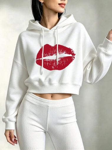 90s Gothic Sexy Lip Print Cropped Sweatshirt Women Girl Crop Top Hoodie Y2k Sweatshirts Casual Korean Style Clothes Pullover