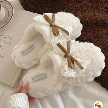 Winter Warm Fur Slippers For Women Thick-Soled Household Slippers Cute Bow Non Slip Soft Home Shoes Indoor Plush Women's Slipper
