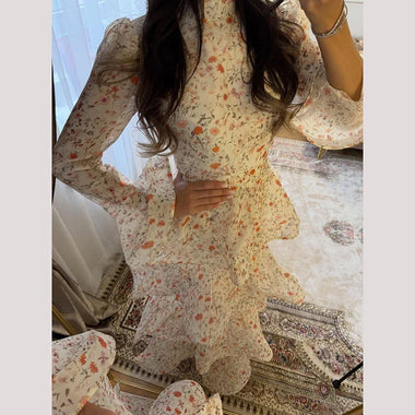 2026 Summer Autumn Chic Floral Women's Cake Dress Bell-Bottomed Sleeve Stand Collar Waist-Closed Lady Dresses New