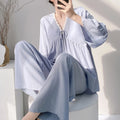 Summer Lady Cotton Silk Thin Pajamas Sets Women V-Neck Long Sleeve Tops Sleepwear Pants 2PCS Female Korean Loose Homewear Suits