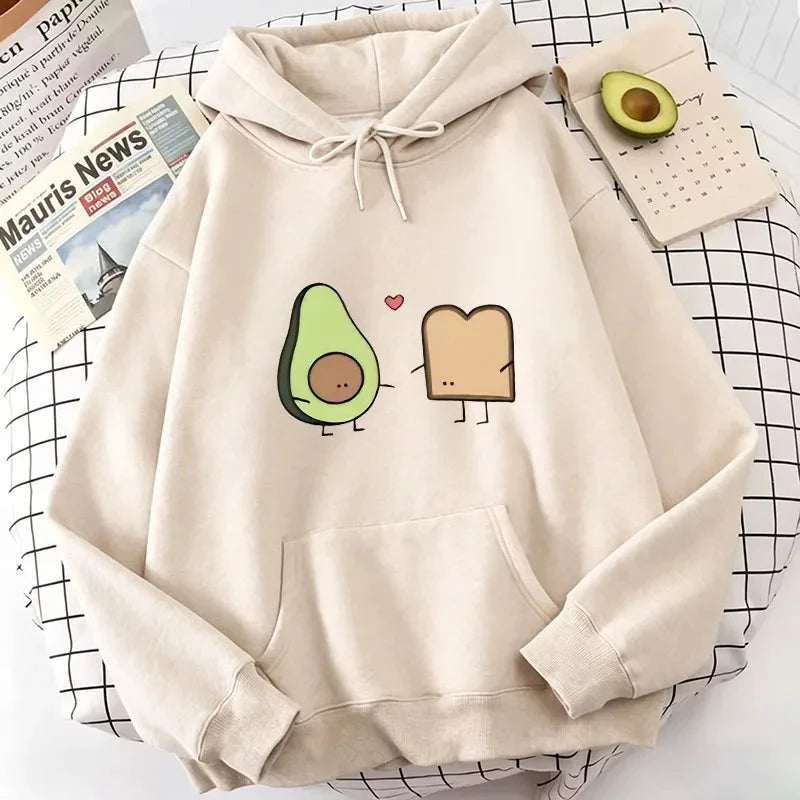 Kawaii Avocado Love Print Hoodie Autumn Winter Casual Hoodie Sweatshirt Women Pullover with Pocket 2000s Women High Quality Top