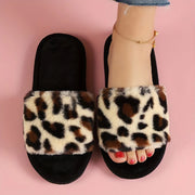 Fashion Leopard Print Fur Slippers for Women Open Toe Soft Sole Furry House Shoes Woman Winter Warm Comfort Indoor Home Slippers