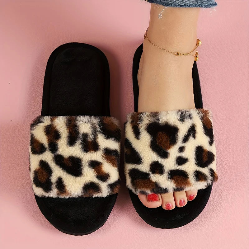 Fashion Leopard Print Fur Slippers for Women Open Toe Soft Sole Furry House Shoes Woman Winter Warm Comfort Indoor Home Slippers