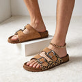 Women Summer Leopard Print Double Adjustable Buckle Slide Sandals Large Size Open‑Toe Casual Slip‑On Beach Slippers Shoes
