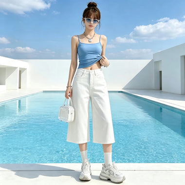 2026 Summer High Waist Loose Wide Leg Vintage Blue Denim Jeans Women High Quality Six Points Petite Hip Hide Pants