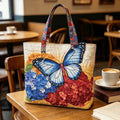 Butterfly Patterns Women Quilted Tote Bag Vintage Lightweight Canvas Shoulder Bag 3D Printed Patterns Large Capacity
