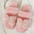 Comfy Fluffy Fur Slippers for Women Elegant Pearls Faux Pink White Furry Slides Winter 2026 Home Non Slip Warm Plush Shoes Woman