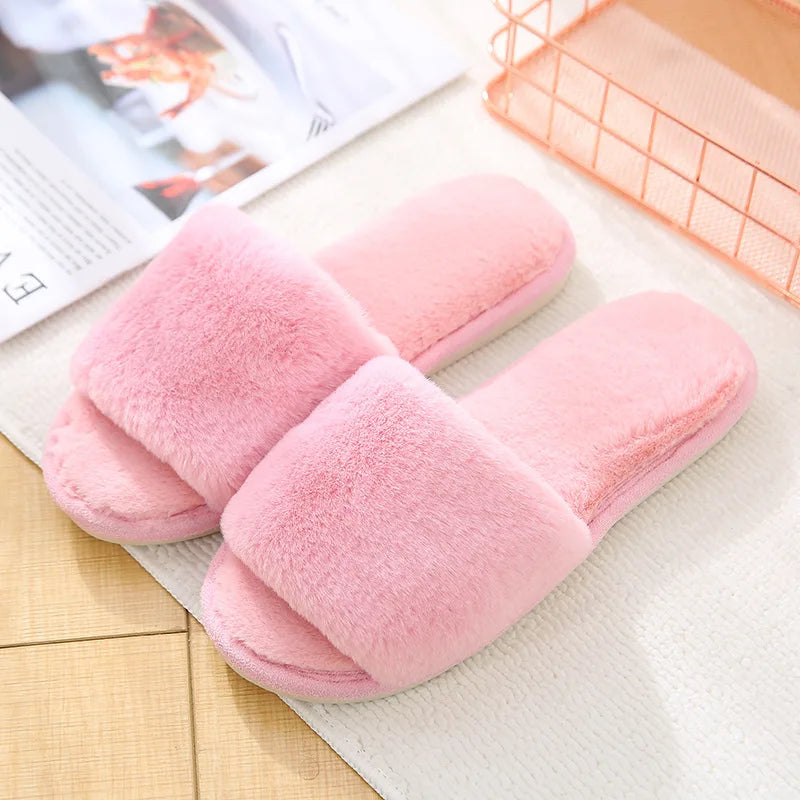 2026 Winter Women Winter House Furry Slippers Non-Slip Casual Indoor Flats Floor Shoes Ladies Flip Flops Warm Shoes Solid Colors
