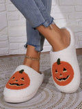 Autumn Winter Halloween Pumpkin Embroidery Fluffy Plush Slippers Warm Non Slip Unisex Closed Toe Indoor Bedroom Shoes