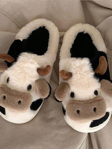 Cow Pattern Plush Slippers Winter Warm Non-slip Cozy Cute Home Slippers for Couples Men