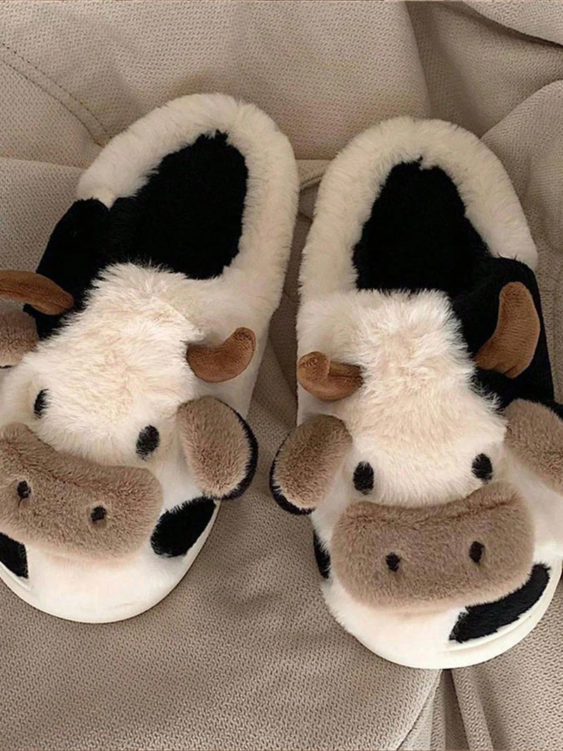Cow Pattern Plush Slippers Winter Warm Non-slip Cozy Cute Home Slippers for Couples Men