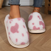 Cute Cow Spots Cotton Slippers for Women Round Toe Thick Sole Plush Slippers Woman Soft Faux Fur Warm Shoes Slides Female Winter