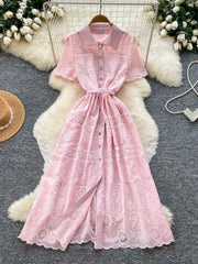 French Romantic Style Dress Women Lace Dress Lapel  Floral Embroidery Long Dresses