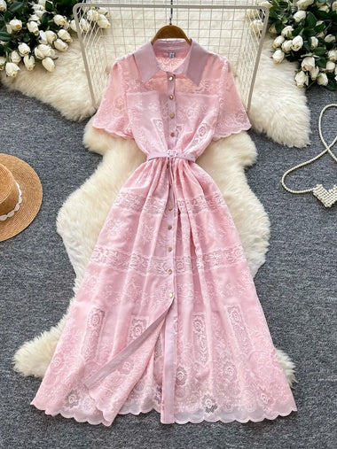French Romantic Style Dress Women Lace Dress Lapel  Floral Embroidery Long Dresses