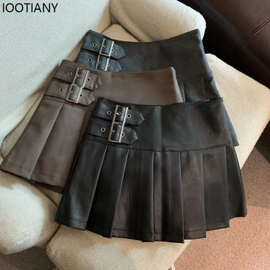 Fashion Y2k Pu Leather Mini Skirt Women Streetwear High Waist Pleate Skirt Retro Korean Style Black Slim Fit Casual A-line Skirt