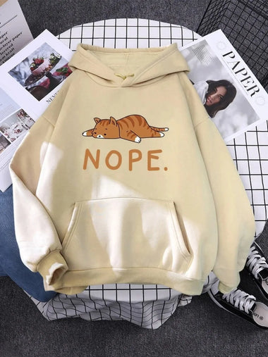 Womans Hoodie Sleeping Cat Nope Printed Sweatshirts Female Fashion Oversize Autumn Winter Concise Funny Women Long Sleeve Hoodie
