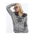Women Gothic Y2K Zip-up Hoodie  Faux Fur Hood Trim Vintage Floral Rhinestone Print Long Sleeve Front Pocket Casual Sweatshirt