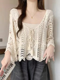 Flared Sleeve Crochet Top Hollow-out Openwork Pullover Women Guipure Lace Blouse Spring Summer French Chic Festival Boho