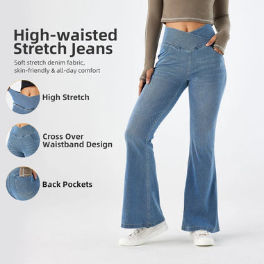 Muyafei Women’s High Waist Stretch Flare Jeans Cross Waist Tummy Control Bootcut Denim Pants Bell Bottom Slim Fit Casual Jeans