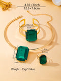 Women's Rectangular Large Emerald Jewelry Set, Gold-Plated Open Choker Necklace, Ring, and Bracelet Three-Piece Set, Exaggerated Accessories for Banquets and Parties