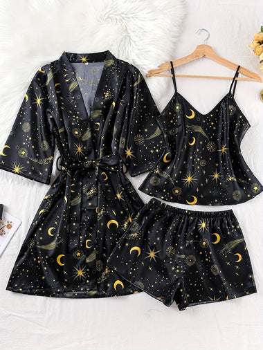 Women Moon Star Print Satin 3 Pieces Pajama Set Spaghetti Strap Cami Shorts Kimono Robe Silk Sleepwear Ladies Home Loungewear
