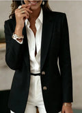 Women Notched Lapel Double Button Blazer Long Sleeve Solid Color Slim Fit Office Suit Jacket