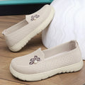 Women Hollow Fly Woven Mesh Slip On Flats Pearl Flower Decor Soft Thick Sole Breathable Elderly Mom Walking Casual Shoes