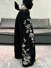 High Waist Baggy Wide‑Leg Jeans American Style Pure Black Denim With Side Floral Embroidery Slim Versatile Daily Trousers