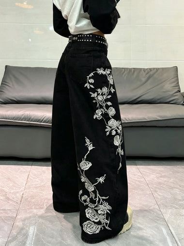 High Waist Baggy Wide‑Leg Jeans American Style Pure Black Denim With Side Floral Embroidery Slim Versatile Daily Trousers