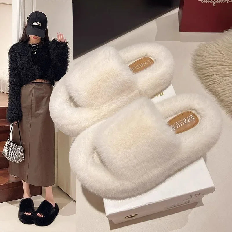 2026 Autumn Winter Fluffy Slippers Women House Home Fur Slippers For Women Flat Platform Cozy Fuzzy Indoor Shoes Korean Slides