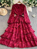 French Resort Style Heavy Work Embroidered Lace Crew Neck Dress Women Autumn Waist Slim Elegant Tiered Cake Maxi Dress