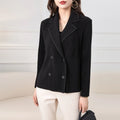 Miyake Pleated Women Cream Ribbed Knit Blazer Lapel Double Breasted Long Sleeve Slim Jacket Elegant Office Outerwear