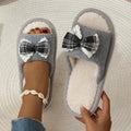 Sweet Plaid Bowknot Plush Home Slippers Women Indoor Open Toe Non Slip Cotton Slides Plus Size 45 Soft Sole House Floor Shoes