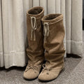 Eilyken Autumn Winter Fashion Butterfly-kont Women Knee-High Boots Vintage Style Cross-strap Round Toe Low Flat Heels Shoes