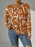 Plus Size Letter Print Long Sleeve Top, Pearl Strap Backless Knotted Blouse For Women