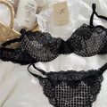 セクシーな Women French Plaid Embroidery Mesh Lingerie Set Soft Underwire Minimizer Bra Uplift Sheer Mesh Ladies Underwear 32-38 Set