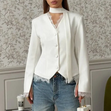 Soft Texture V Neck Women Lace Blazer White Tone Waist Taper Suit Outerwear Lace Weave Fall Season Formal Coat Casual Gathering