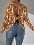 Plus Size Letter Print Long Sleeve Top, Pearl Strap Backless Knotted Blouse For Women