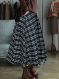 Women's Plaid Midi Skirt Elastic Waist Loose Pleated Long Flowy Mid Calf Skirt with Pockets 100% Polyester Vintage Casual